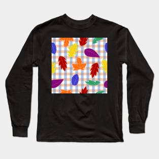Leaves Pattern - Bold Colors on Plaid Long Sleeve T-Shirt